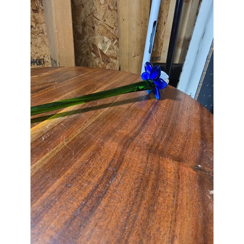 Hand Blown Art Glass Flower Blue White Petals Green Stem 11.5 Inch Decorative